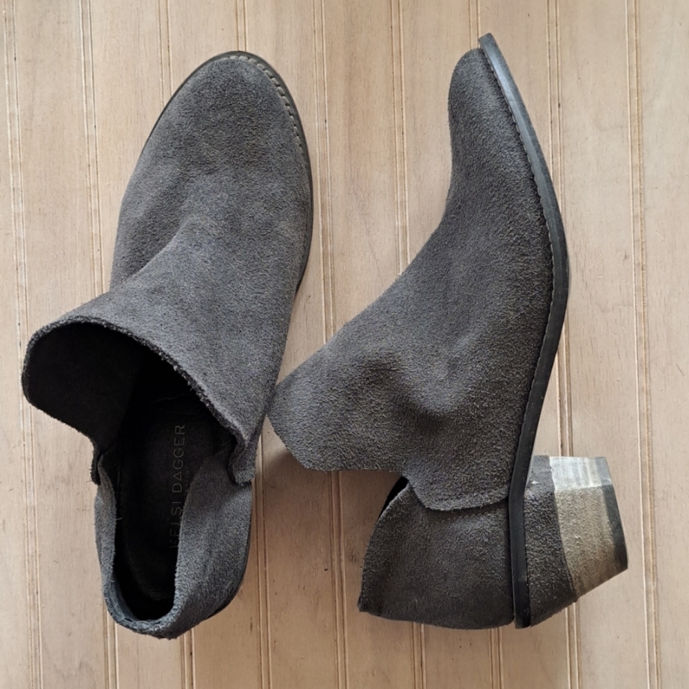 Kelsi Dagger Gray Suede Leather Ankle Boots Block Heel Slouchy Pull On Booties